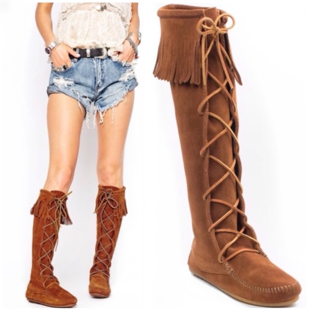Knee High Lace Up Suede Leather Fringed Boots
